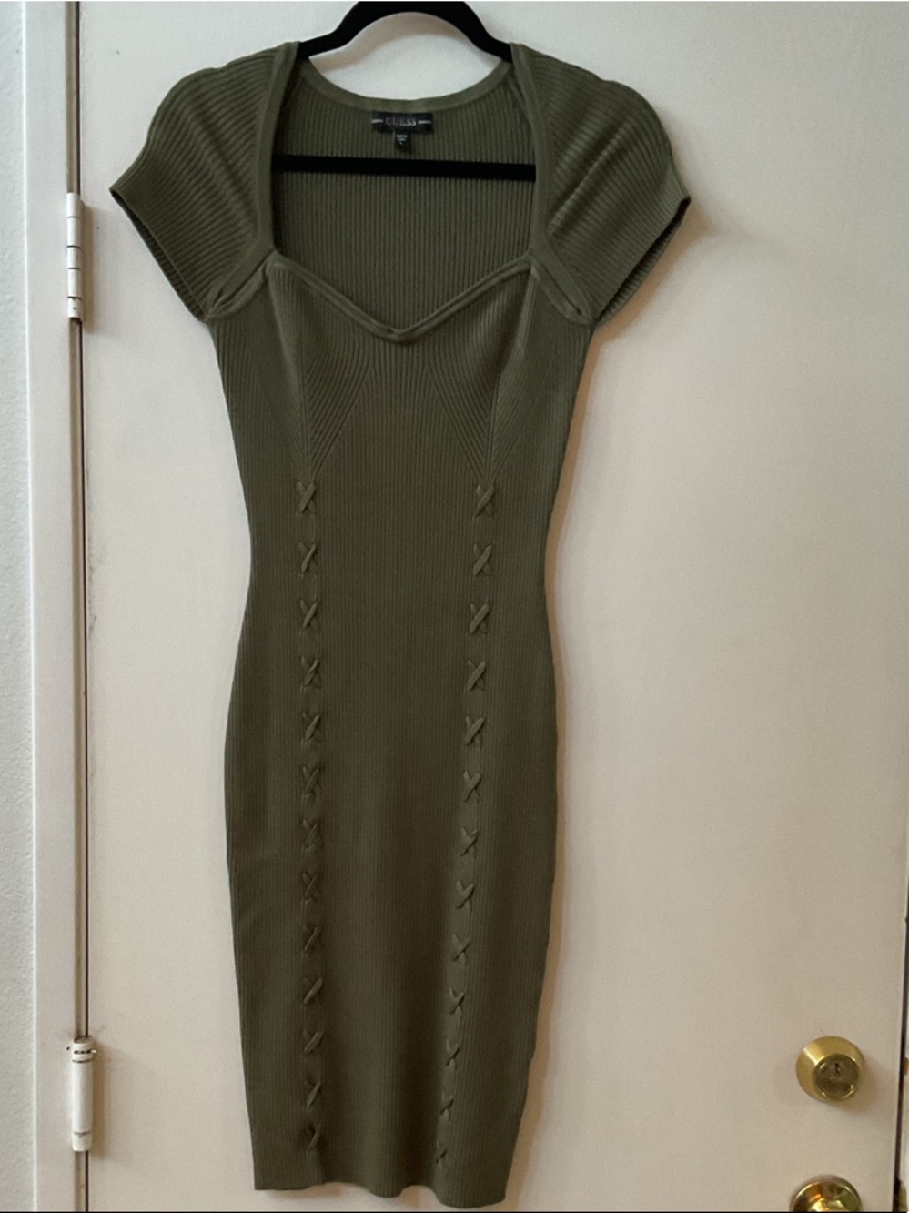 Guess Olive Ribbed Sweetheart Midi Dress